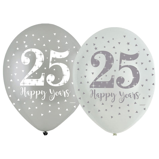 Sparkling 25th Silver Anniversary Latex Balloons. Will inflate up to 27cm. Suitable for Air fill or Helium fill.