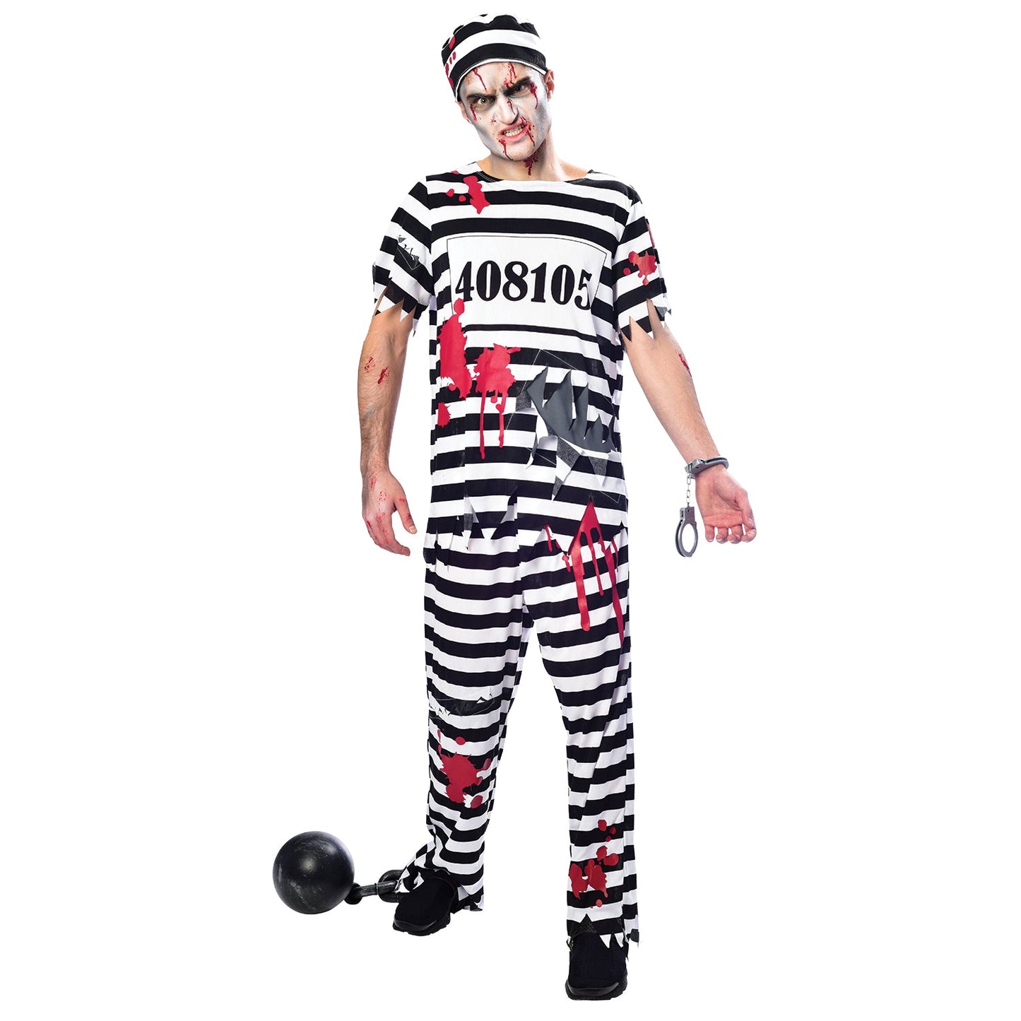 Mens Halloween Zombie Convict Costume includes top, trousers and hat