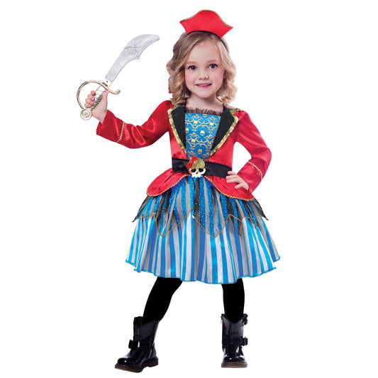 Girls Anchor Cutie Pirate Costume includes blue and red dress and hat on headband