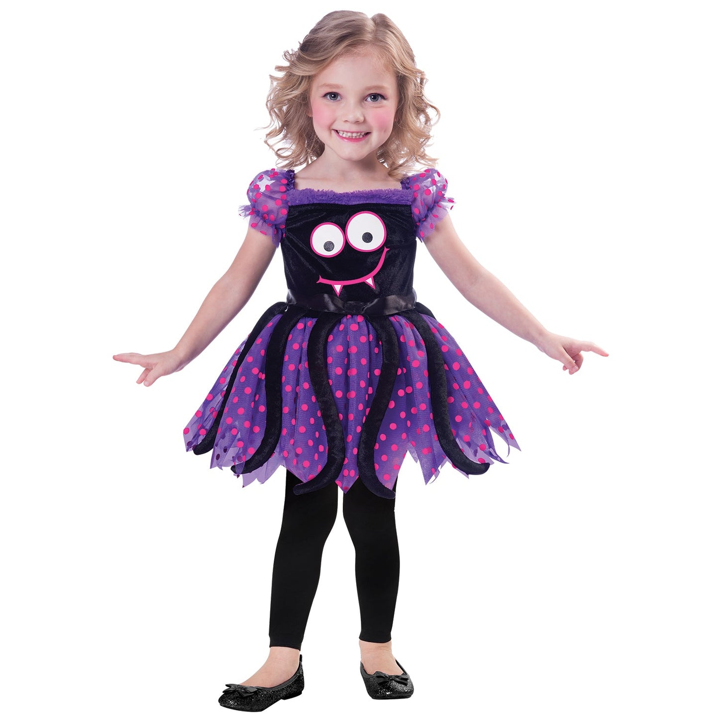 Girls Cute Spider Halloween Costume includes dress with attached spider legs