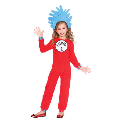 Thing One and Two Costume includes red jumpsuit with blue and red striped wrist and ankle cuffs, two interchangeable printed felt Thing 1 and 2 chest badges and blue character EVA double layer shaped headpiece