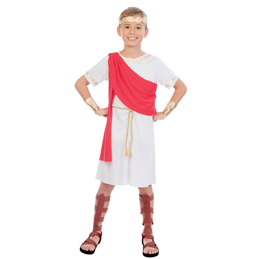 Child Toga Boy Costume includes toga with attached sash and belt, wrist cuffs and headband