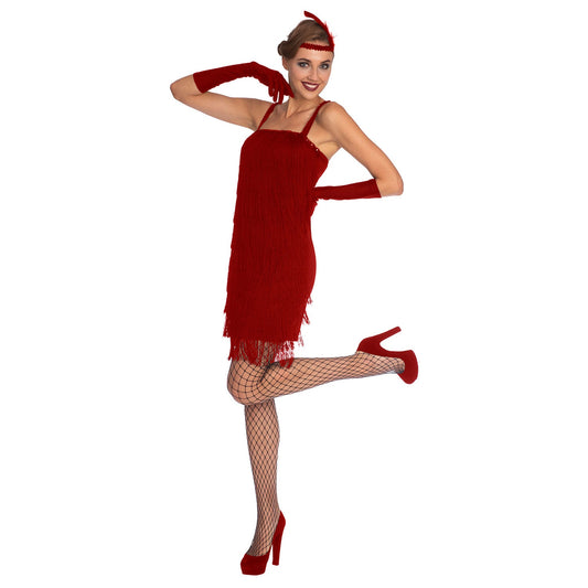 Ladies 1920s Red Flapper Costume includes dress, headpiece and gloves