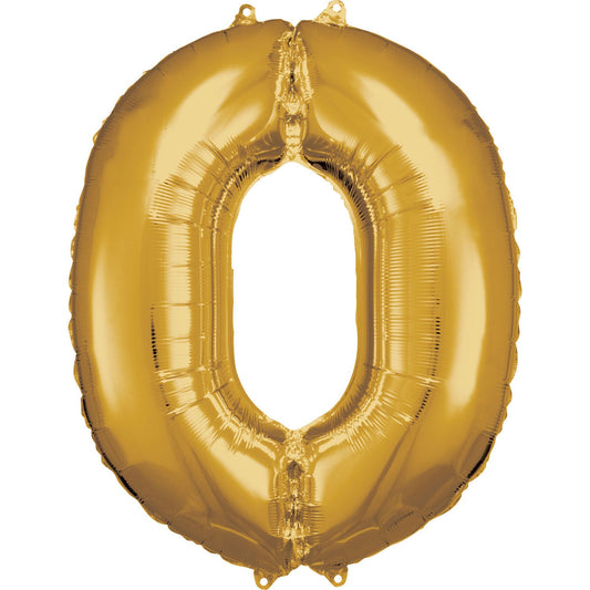 Gold Supershape Number 0 Foil Balloon 88cm (34in) height by 66cm (25in) width Balloon is sold uninflated. Can be inflated with air or helium.