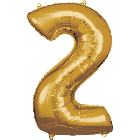 Gold Supershape Number 2 Foil Balloon 88cm (34in) height by 50cm (19in) width Balloon is sold uninflated. Can be inflated with air or helium.