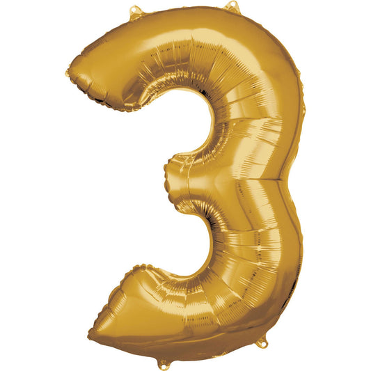 Gold Supershape Number 3 Foil Balloon 88cm (34in) height by 53cm (20in) width Balloon is sold uninflated. Can be inflated with air or helium.