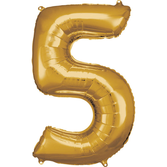 Gold Supershape Number 5 Foil Balloon 86cm (33in) height by 58cm (22in) width Balloon is sold uninflated. Can be inflated with air or helium.