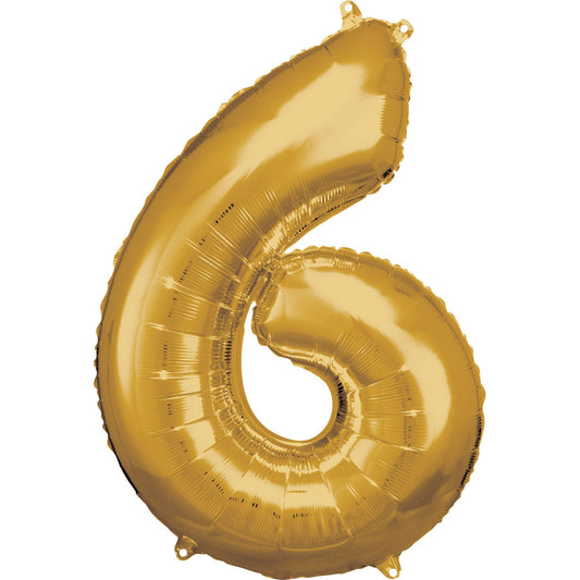 Gold Supershape Number 6 Foil Balloon 88cm (34in) height by 55cm (21in) width Balloon is sold uninflated. Can be inflated with air or helium.