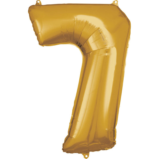 Gold Supershape Number 7 Foil Balloon 88cm (34in) height by 58cm (22in) width Balloon is sold uninflated. Can be inflated with air or helium.