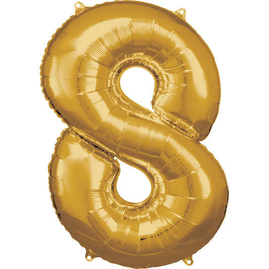 Gold Supershape Number 8 Foil Balloon 83cm (32in) height by 53cm (20in) width Balloon is sold uninflated. Can be inflated with air or helium.