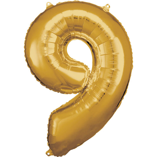 Gold Supershape Number 9 Foil Balloon 86cm (33in) height by 63cm (24in) width Balloon is sold uninflated. Can be inflated with air or helium.