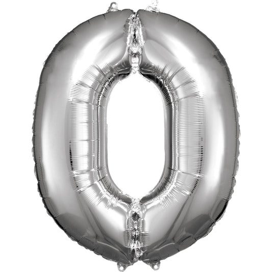 Silver Supershape Number 0 Foil Balloon 88cm (34in) height by 66cm (25in) width Balloon is sold uninflated. Can be inflated with air or helium.