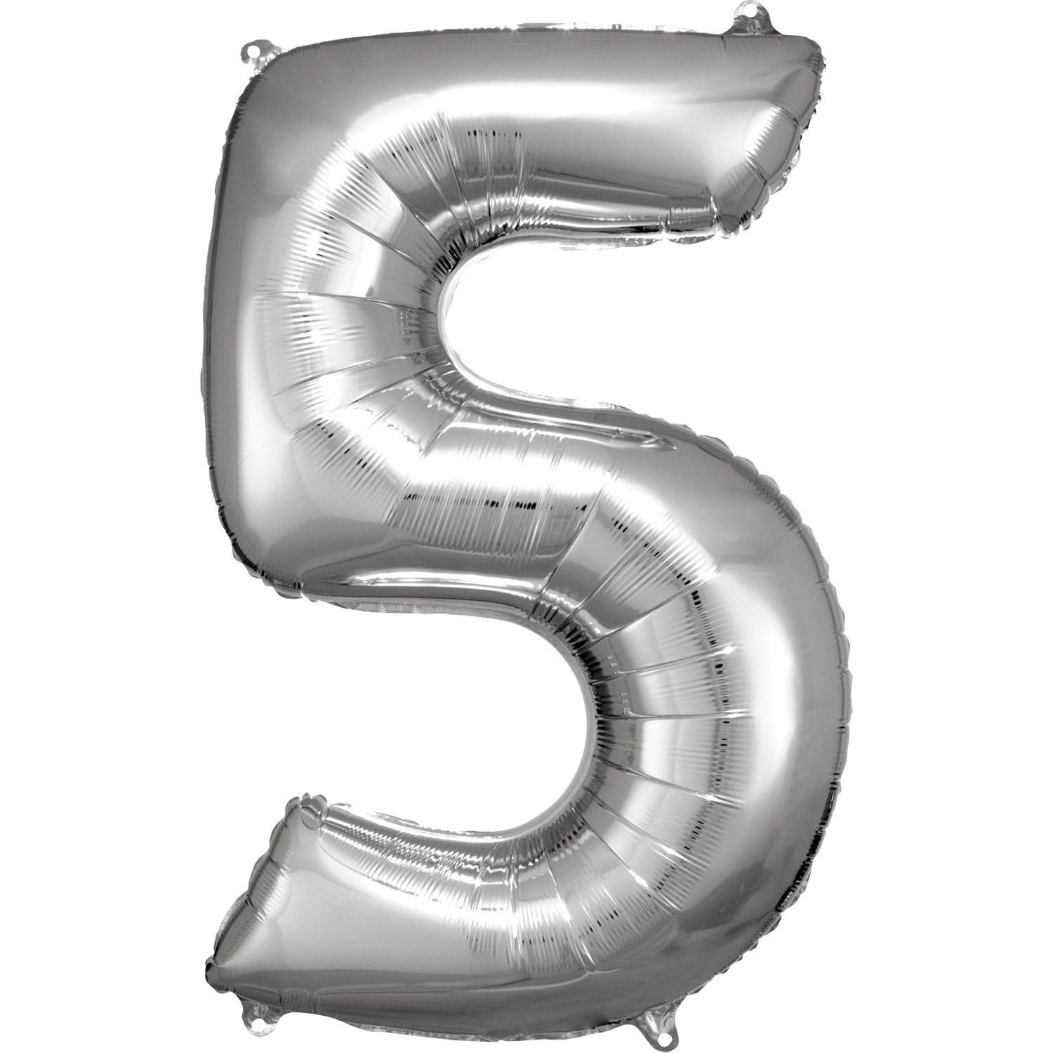 Silver Supershape Number 5 Foil Balloon 86cm (33in) height by 58cm (22in) width Balloon is sold uninflated. Can be inflated with air or helium.