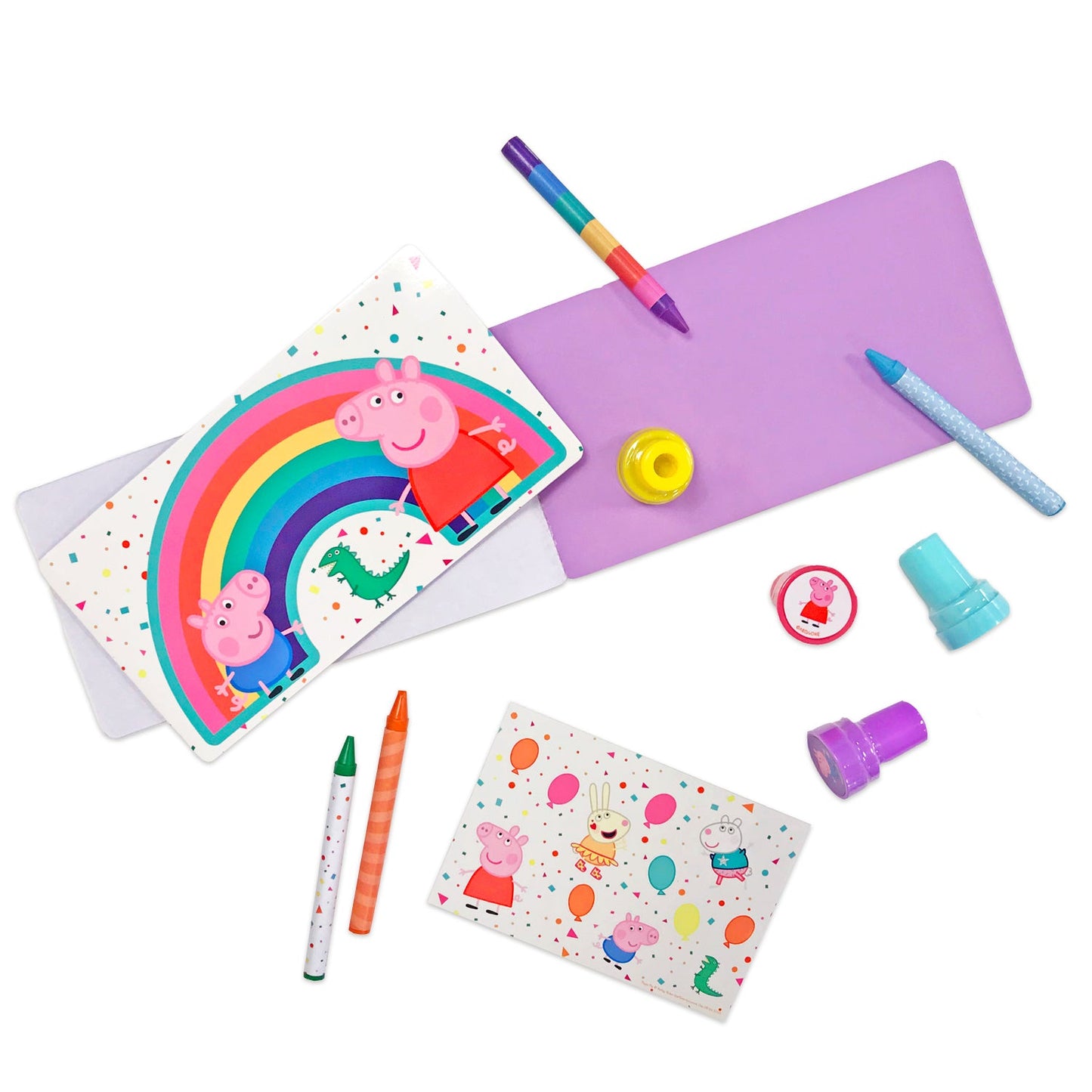 Peppa Pig Mega Mix Favour Pack includes 4 Sticker Sheets, 4 Notepads, 4 Crayons and 4 Stamps