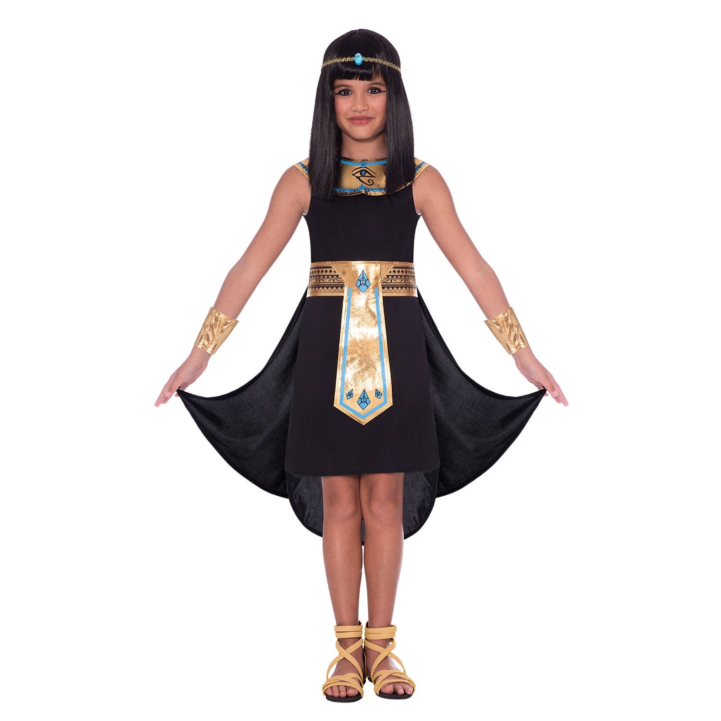 Egyptian Pharaoh Girl Costume includes dress, collar, headpiece, cuffs and belt