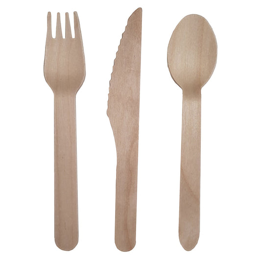 Wooden Cutlery Set consisting of 8 forks, 8 spoons and 8 knives. Packaging all cardboard and recyclable.