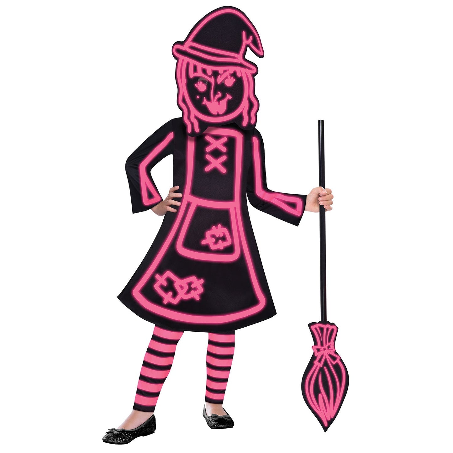 Glow in the Dark Stick Witch Costume includes dress, leggings, mask and broom