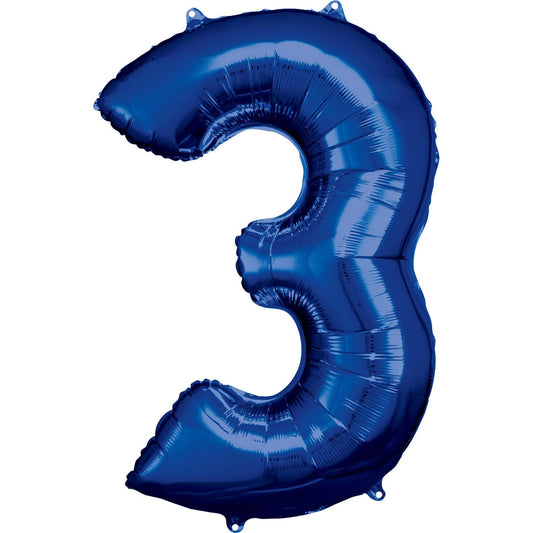 Blue Supershape Number 3 Foil Balloon 88cm (34in) height by 53cm (20in) width Balloon is sold uninflated. Can be inflated with air or helium.