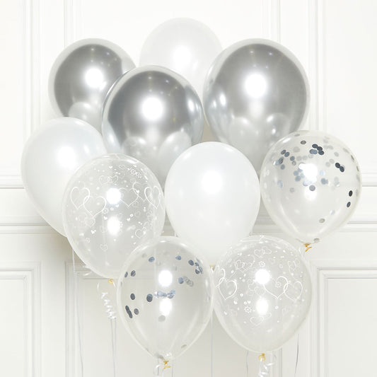 Silver DIY Latex Balloon Kit includes 2 x Clear Printed (Flowers/Hearts) Balloons, 2 x Clear Confetti Balloons, 3 x White Pearl Balloons, 3 x Platinum Satin Balloons and 1.5m of White Ribbon for each Balloon