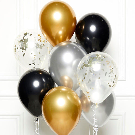 Black| Gold and Silver DIY Latex Balloon Kit includes 2 x Clear Confetti Balloons| 2 x Gold Satin Balloons| 2 x Platinum Balloons| 2 x Black Fashion Balloons and 1.5m of White Ribbon for each Balloon