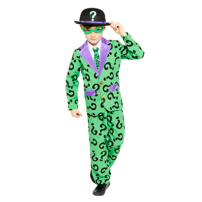 Child The Riddler Costume includes jacket, trousers, mock shirt with tie, moulded hat and eyemask