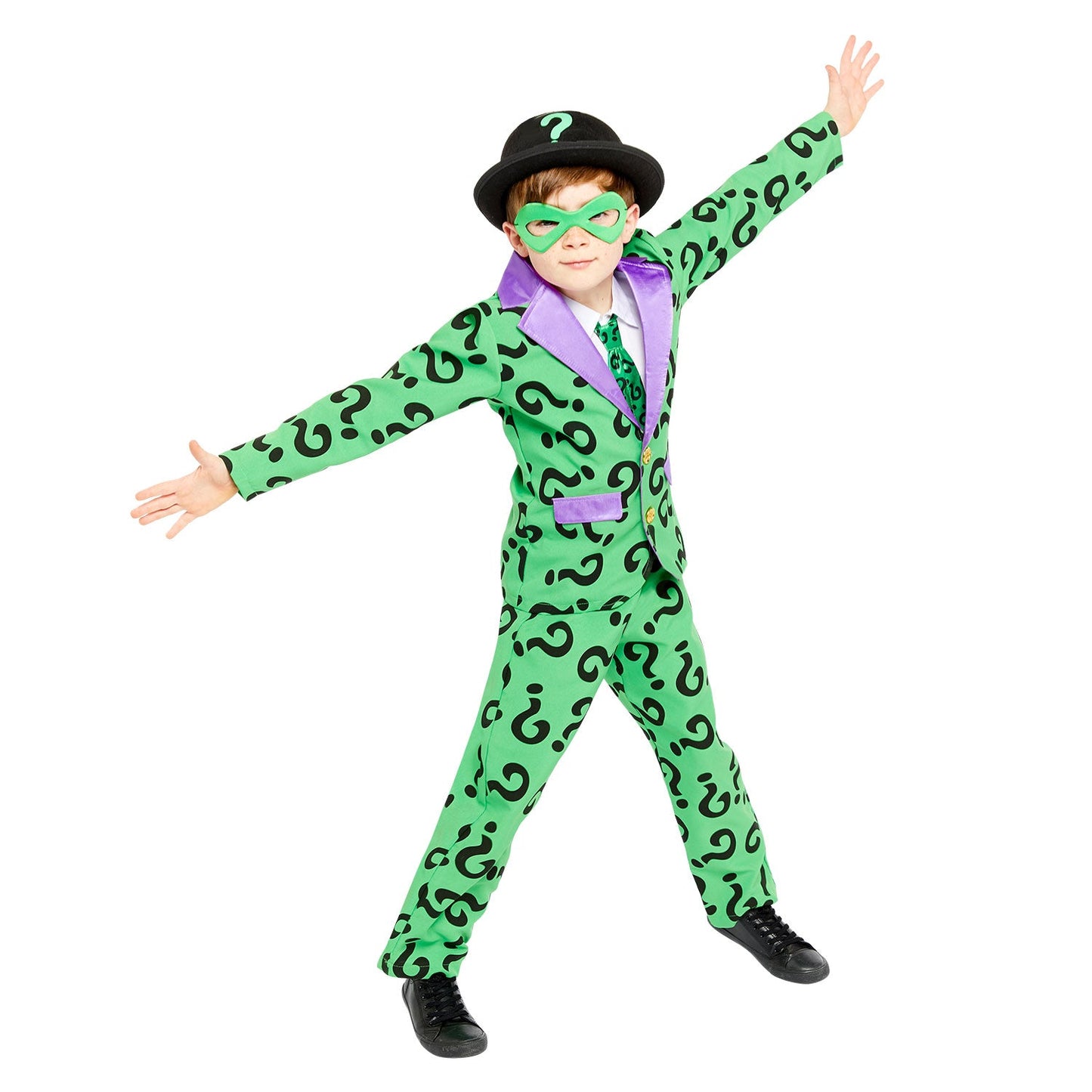 Child The Riddler Costume includes jacket, trousers, mock shirt with tie, moulded hat and eyemask