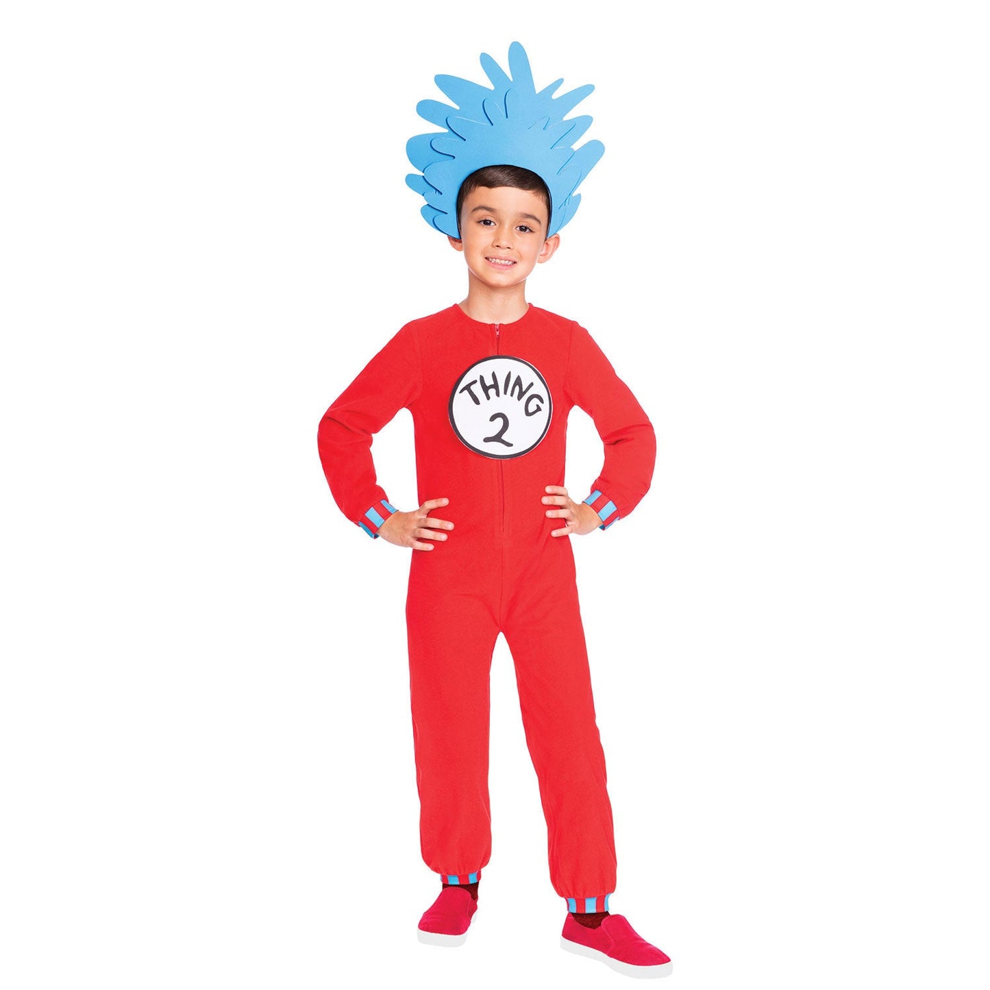 Thing One and Two Costume includes red jumpsuit with blue and red striped wrist and ankle cuffs, two interchangeable printed felt Thing 1 and 2 chest badges and blue character EVA double layer shaped headpiece