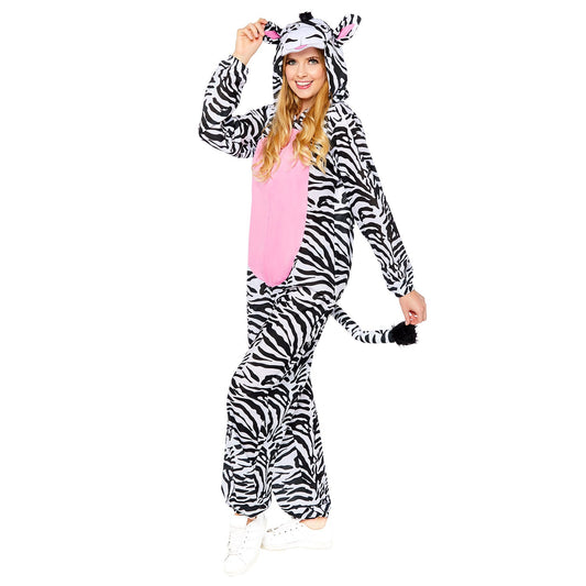 Adult Zebra Onesie Costume includes jumpsuit with hood
