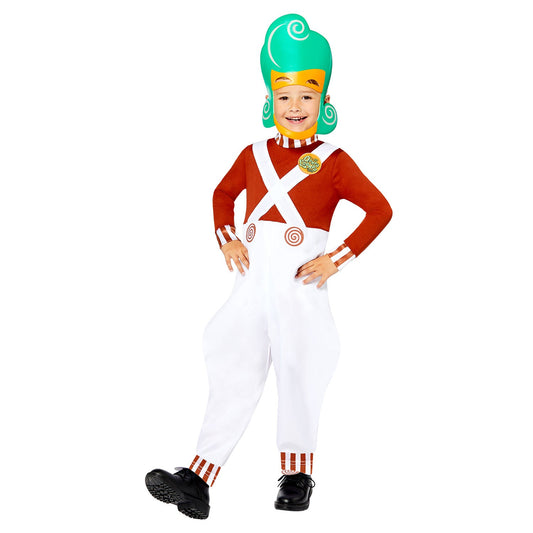 Child Oompa Loompa Costume includes jumpsuit with attached straps and badge, and EVA mask