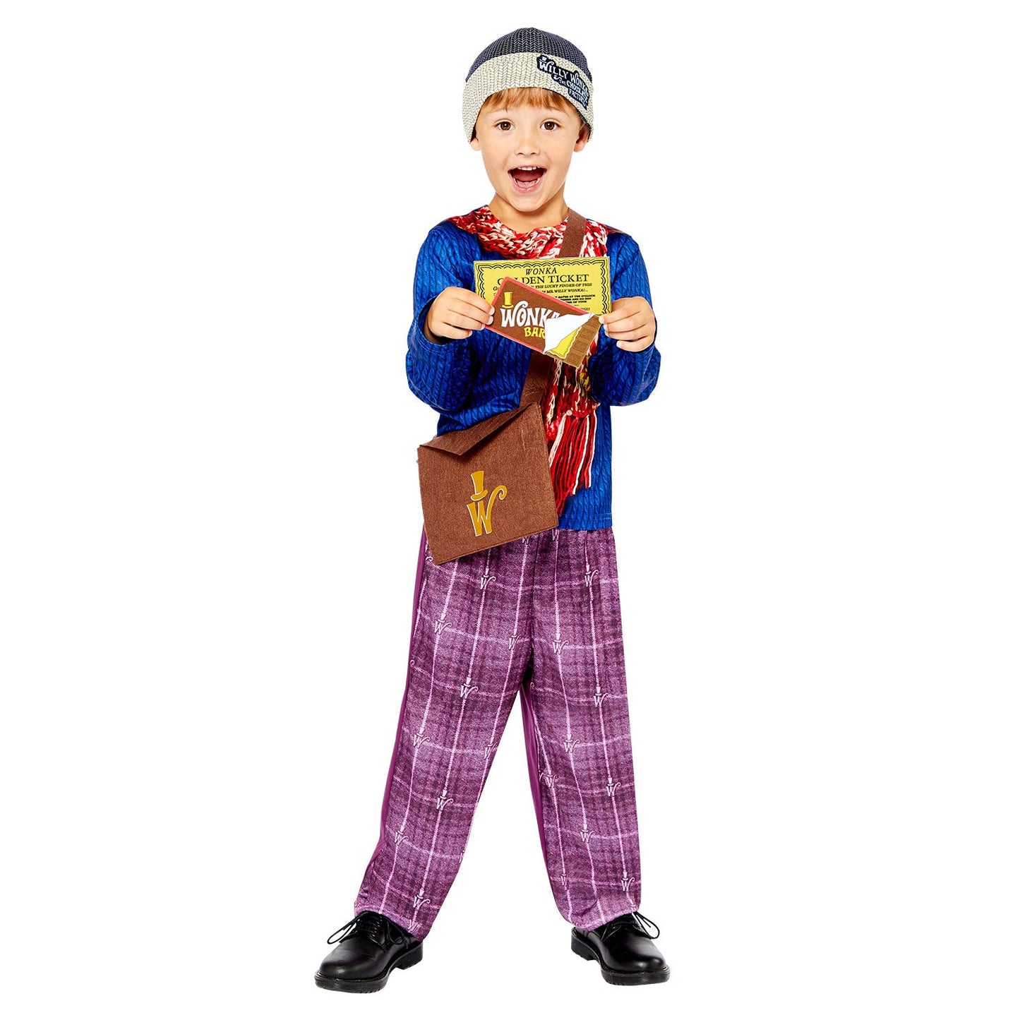 Charlie Bucket Costume includes printed top| trousers| hat| bag with felt golden ticket| wonka bar and invite