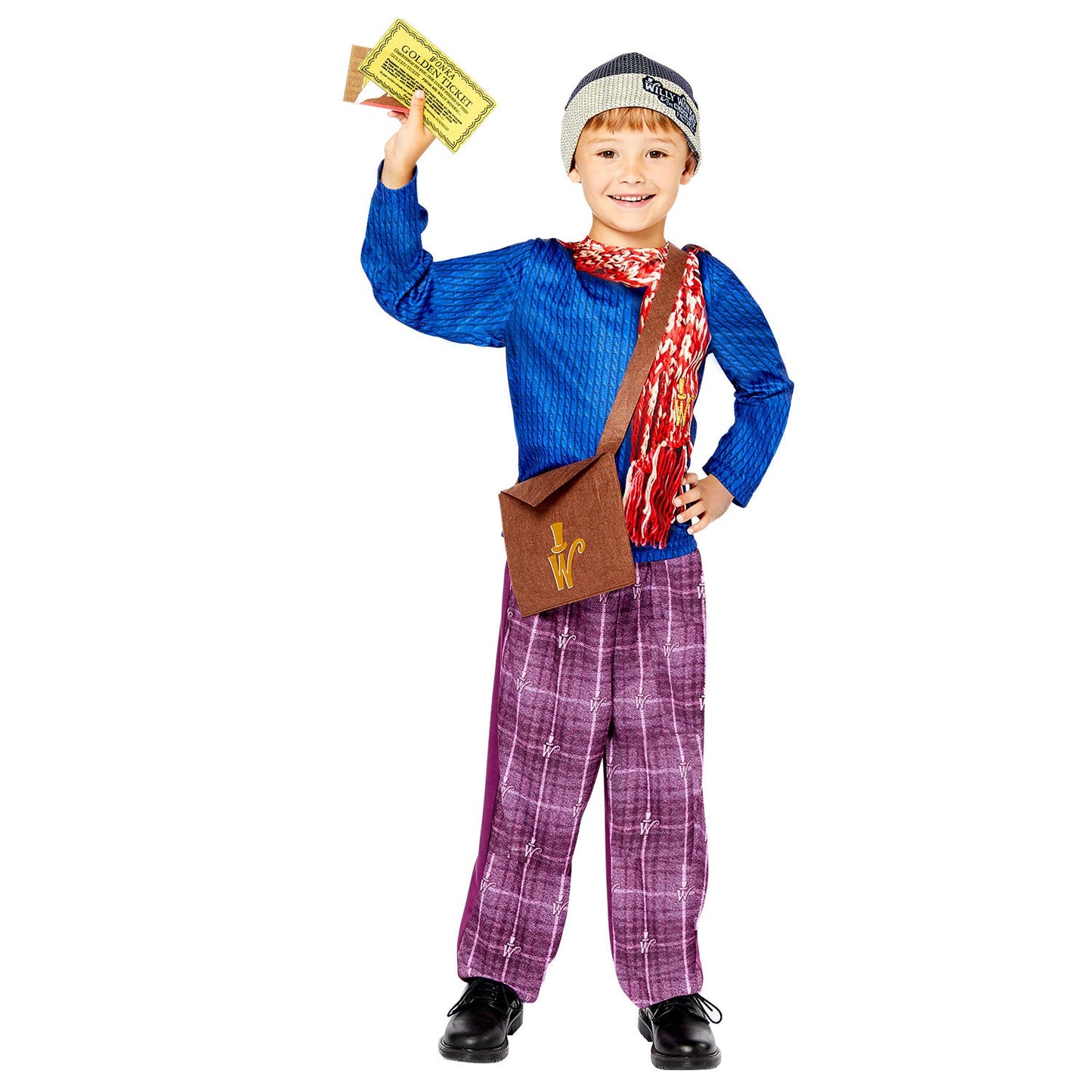 Charlie Bucket Costume includes printed top| trousers| hat| bag with felt golden ticket| wonka bar and invite