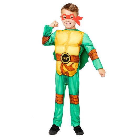 Boys Teenage Mutant Ninja Turtle Costume includes printed jumpsuit with padded shell, hat and 4 interchangeable masks