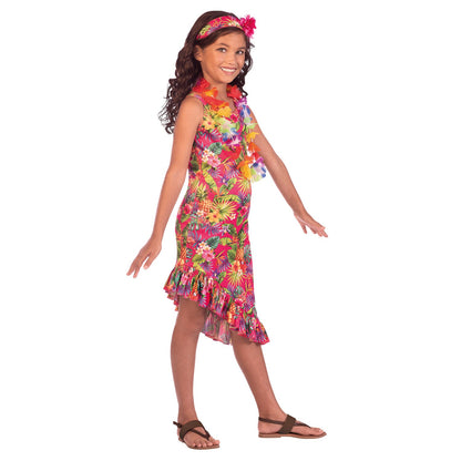 Girls Pink Hawaii Dress Costume includes dress, headband with flowers and flower lei