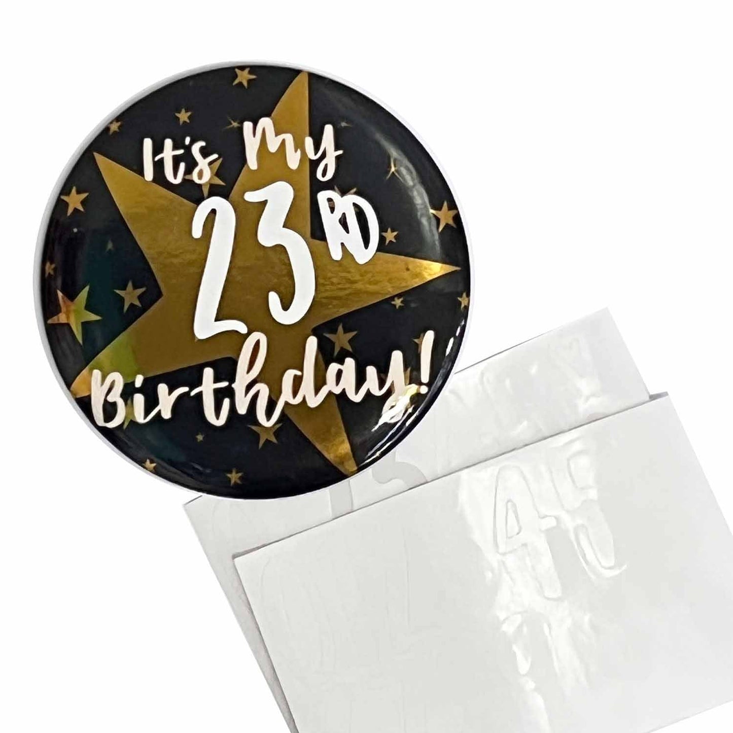 Add-an-Age Birthday Badge, 6cm. Comes with stick on numbers and letters