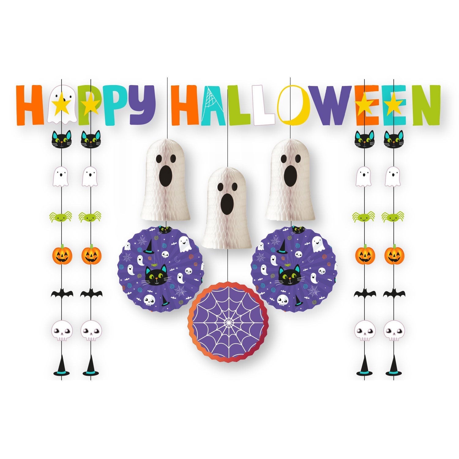 Juvenile Halloween Decorating Kit includes 3 x 30cm Fans, 3 x Honeycomb Ghosts Decorations, 23cm, 1 x Letter Banner, 1.6m and 4 x String Decorations, 1.83m each.