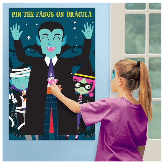 Pin the Teeth on the Vampire Game includes Paper Poster 95cm x 62cm, 2 x Sticker Sheets and 1 x Card Blindfold