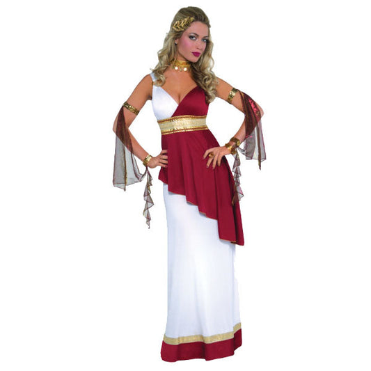 Ladies Roman Imperial Empress Costume consists of a white and maroon toga that is layered and cut at an angle and has an empire waistline highlighted by a stylish gold belt. It also includes gold sequin armbands with matching wrist bands that are attached with a sheer fabric. The Empress look is made complete with a gold choker. Adult Imperial Empress Costume includes Toga Dress, Belt and Choker.