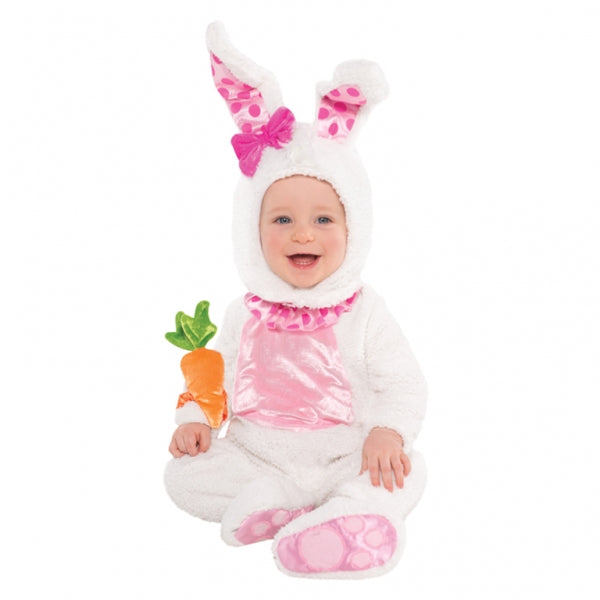 Babys White and Pink Bunny Wabbit Costume includes jumpsuit| hood and rattle. This furry rabbit costume features a plush white jumpsuit with a polka-dotted collar| pink velvet tummy and pink paws on the bottoms of the feet. A comfortable plush hood has perky rabbit ears with pink polka dot lining and a pink bow on one ear. Costume also includes a carrot rattle to slip on babys wrist.
