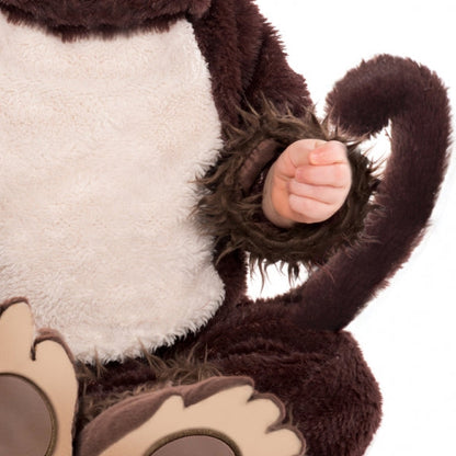 Toddlers Monkey Around Fancy Dress Costume features a plush brown monkey jumpsuit with attached footies, monkey tail and light brown tummy. The matching plush hood has a smiling monkey face on the top with a fluffy tuft of hair, ears and a large opening for your babys face. The cute monkey costume includes a banana wrist rattle. Monkey Around Costume includes jumpsuit with attached tail, hood and wrist rattle.