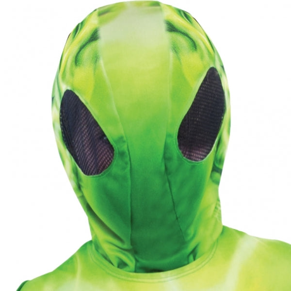 Alien Extraterrestrial Child Fancy Dress Costume features a green stretch polyester jumpsuit with printed translucent veins and alien innards. An attached printed hood and mask put a face on this alien costume while included gloves cover your earthly hands. Child Alien Costume includes jumpsuit| hood with mask and gloves.
