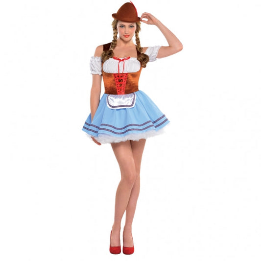 Ladies Oktoberfest Dirndl Beef Festival Costume features a sexy dirndl dress - an off-the-shoulder peasant top gives way to a faux lace-up corset and a blue mini skirt trimmed with matching blue ribbons and a white petticoat. A mini apron and a cute hat complete the look. Adult Oktoberfest Dirndl Costume includes dress and hat.