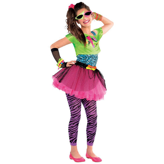 Totally Awesome 80s Costume features a dress made of a hot pink tulle skirt, electric blue leopard print bodice and lime green over-shirt with a fun graphic print. Pull on the black and purple zebra print leggings, the black mesh fingerless glove and the black belt to complete this Totally Awesome 80s Costume. Totally Awesome 80s Costume includes dress, attached tutu skirt, belt, glove and leggings.