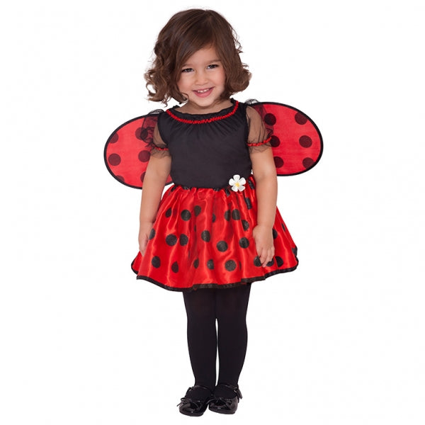 Baby Little Ladybug Costume features a black and red dress with a polka dot full satin skirt, sheer black puff sleeves, a daisy embellishment and detachable polka dot wings. Baby Little Ladybug Fancy Dress Costume includes dress and detachable wings.