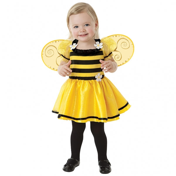 Baby Buzzy Bee Little Stinger Costume features an adorable black and yellow striped dress with a full yellow skirt and daisy flower appliques. Detachable swirled yellow wings are included! Baby Buzzy Bee Little Stinger Fancy Dress Costume includes dress| detachable wings.