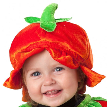 Baby Pumpkin Patch Cutie Pumpkin Costume features a plush orange pumpkin sack with jack-o-lantern face and green leaf collar, and a matching cap with plush green stem. Baby Pumpkin Patch Halloween Costume includes pumpkin sack and hat.