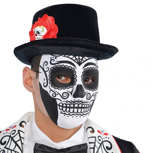 Day of the Dead Face Mask featuring a masculine sugar skull design. This black-and-white mask is the perfect addition to a Day of the Dead Halloween costume. Lightweight and easy to wear| this detailed mask secures around the head with an elastic strap.