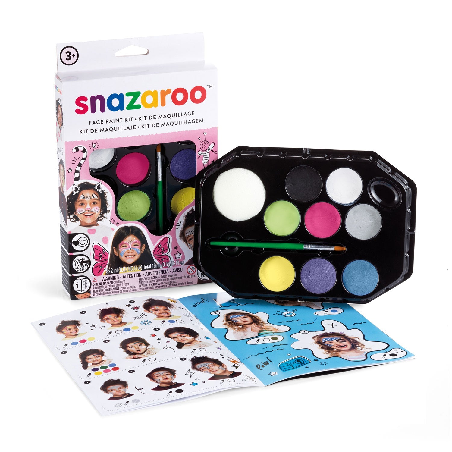 Snazaroo Girl Face Painting Kit includes 2ml White, Fuchsia Pink, Turquoise, Pale Green, Pale Yellow, Metallic Silver, Sparkle Blue and Sparkle Lilac, Brush, Sponge and Step-by-step face painting guide. Paints up to 50 faces.