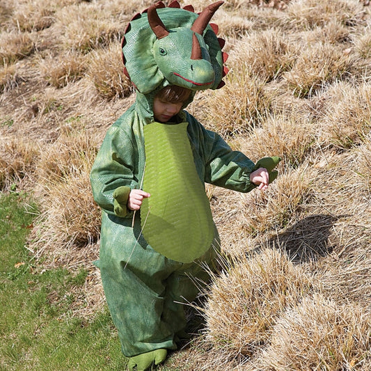 Boys will Be Boys Plush Triceratops Dinosaur Costume includes padded stomach, head, hands and feet, 3d padded horns, 3d plastic eyes, velcro fastenings. Materials: 80% Polyester, 20% Nylon. Care Instructions: Machine Wash at 40 degrees.