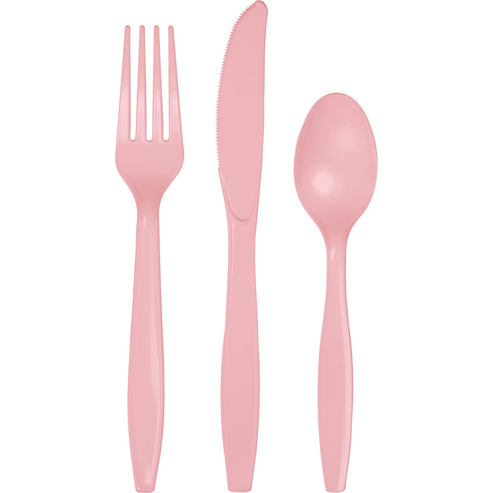 Classic Pink Plastic Assorted Cutlery Set contains 8 plastic knives| 8 plastic forks and 8 plastic spoons.
