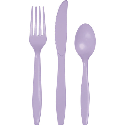 Lavender Plastic Assorted Cutlery Set, contains 8 plastic knives, 8 plastic forks and 8 plastic spoons.